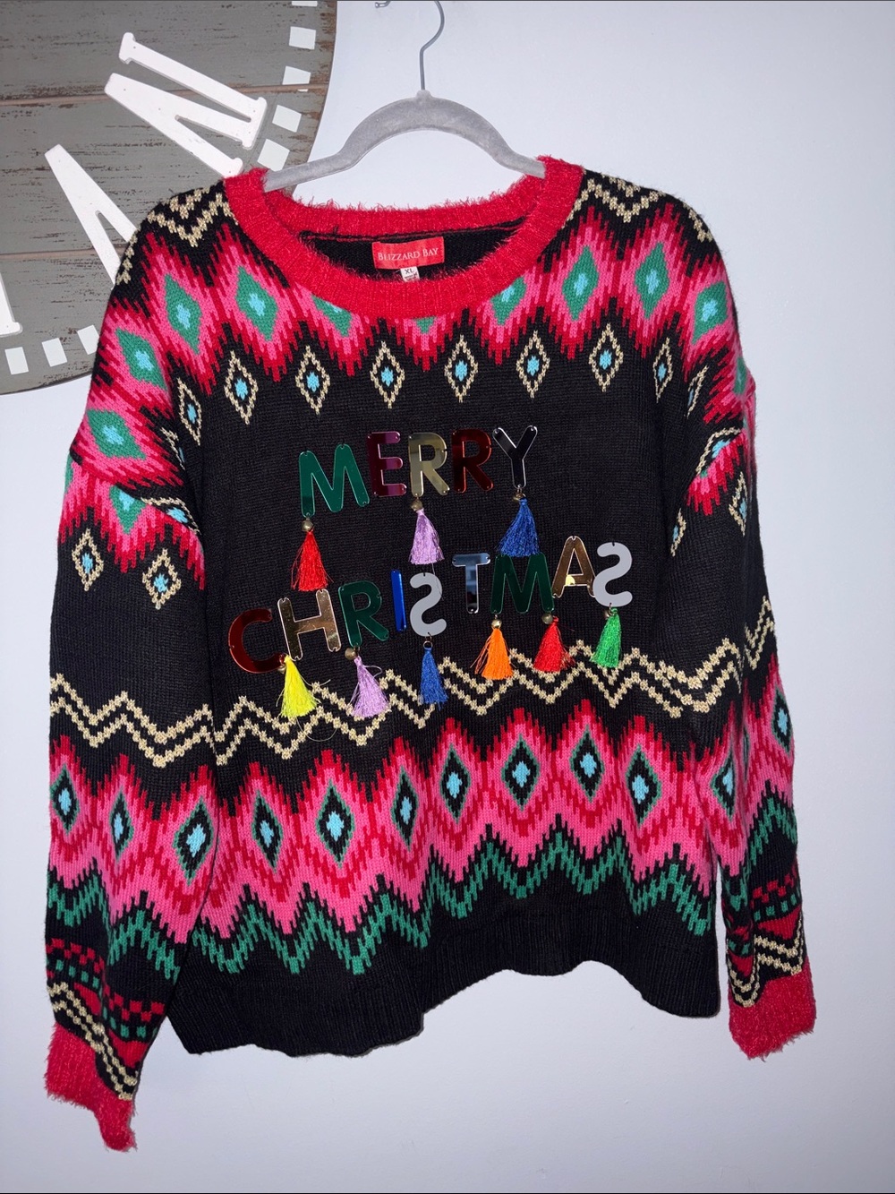 NWT Blizzard Bay Black 'Merry Christmas' ugly holiday Tassel Sweater